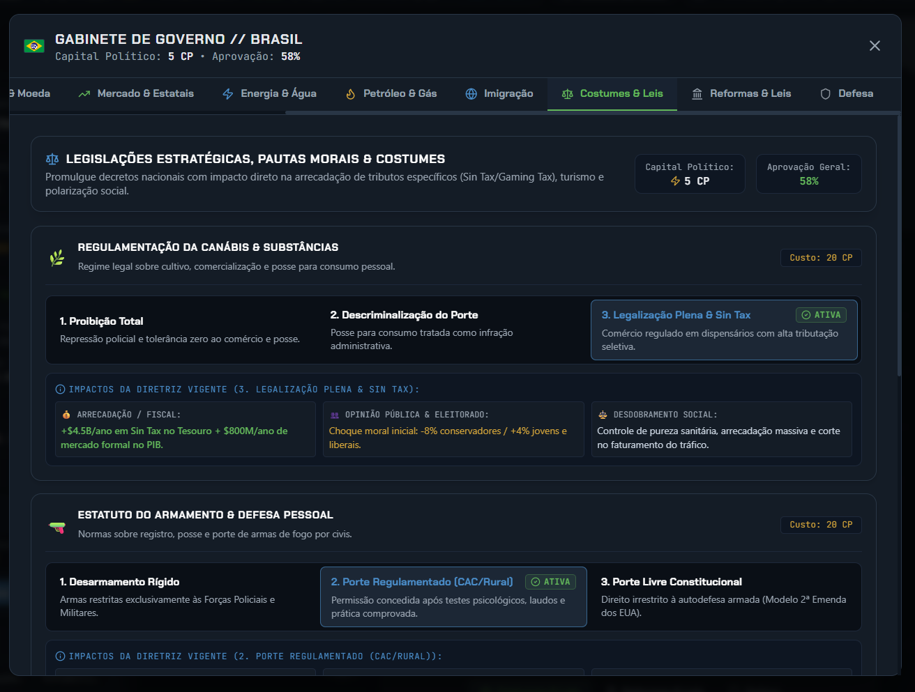 Geopolitik: Nation Simulator — Pautas de Costumes e Diretrizes de Governo